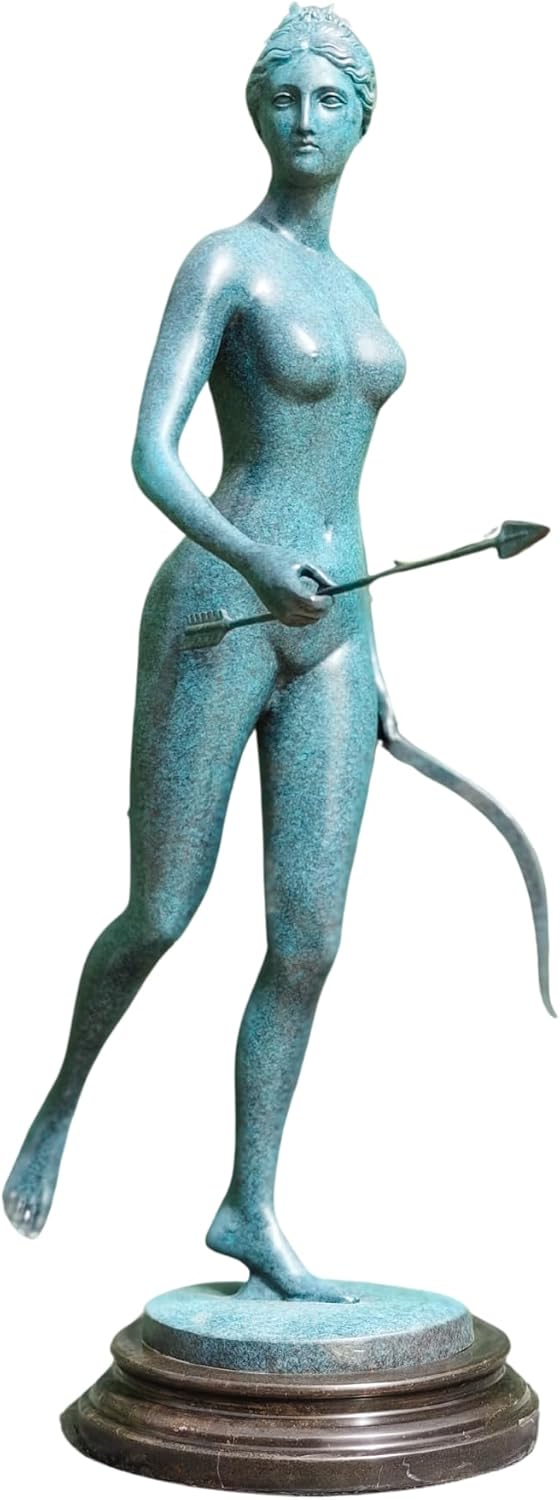 Azure Huntress: Large 29" Bronze Artemis Statue - Greek Goddess of the Hunt Sculpture on Marble Base, Museum-Grade Mythological Decor for Luxury Interiors