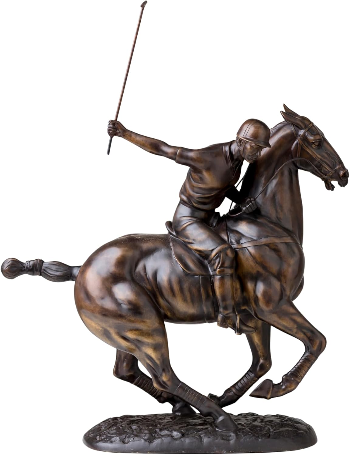 Polo Horse Riding Bronze Sculpture – Polo Player on Horse, Handmade Lost-Wax Solid Bronze Statue, Equestrian Sports Figurine for Office Desk, Home Décor, or Art Gallery Display