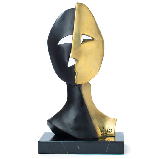 Cubist Mask Bronze Sculpture by Miguel Guía with Natural Marble Base - Abstract Art Inspired by Julio González and Pablo Picasso – Contemporary Home Décor