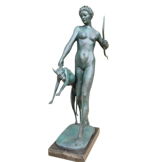 R REALONG Large Bronze Artemis Huntress Statue – 31.5'' Green Patina Greek Goddess with Hound – Handcrafted Mythical Sculpture on Marble Base for Lobby, Hotel, Art Gallery, Home Display