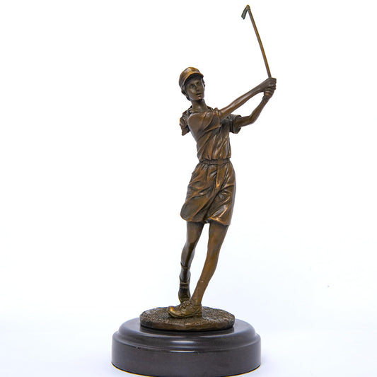 R REALONG 9.8" Bronze Golfer Girl Statue, Golf Figurines Bronze Statues and Sculptures Handmade Art Collectible for Home Office Decor