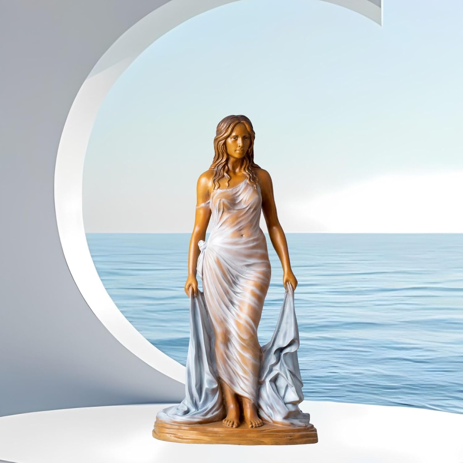 Elegant Flowing Gown Women Figurative Art Statues: Dancing Woman with Flute & Graceful Long‑Haired Lady, Solid Lost‑Wax Bronze Museum‑Quality Home & Gallery Decor