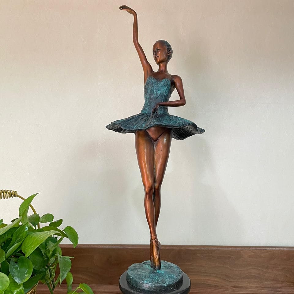 Large Bronze Ballet Dancer Statue, Graceful Ballerina Girl Sculpture Pure Bronze Casting & Natural Marble Base, Exquisite Details Handmade Art Craft for Home Office Decor