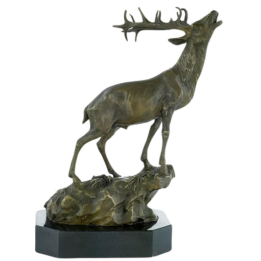 Bronze Deer Sculpture - Majestic Stag with Antlers, 14.2" Brasss Elk&Moose Realistic Design for Home Décor, Art Collections, and Luxury Gifts