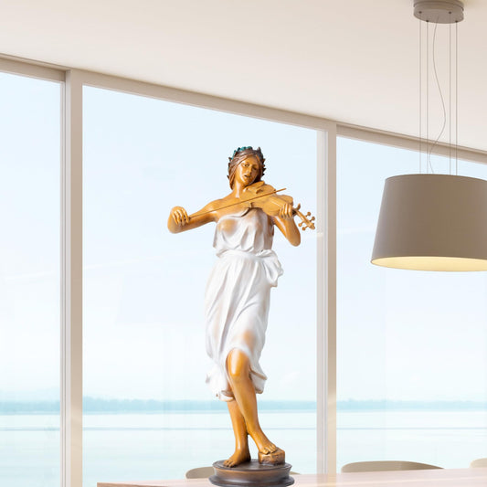 Luo Li-Rong Style Bronze Violinist Sculpture – 23.2″ Tall Elegant Lady Playing Violin in Flowing Dress, Solid Lost-Wax Bronze Statue for Home, Garden, or Art Gift