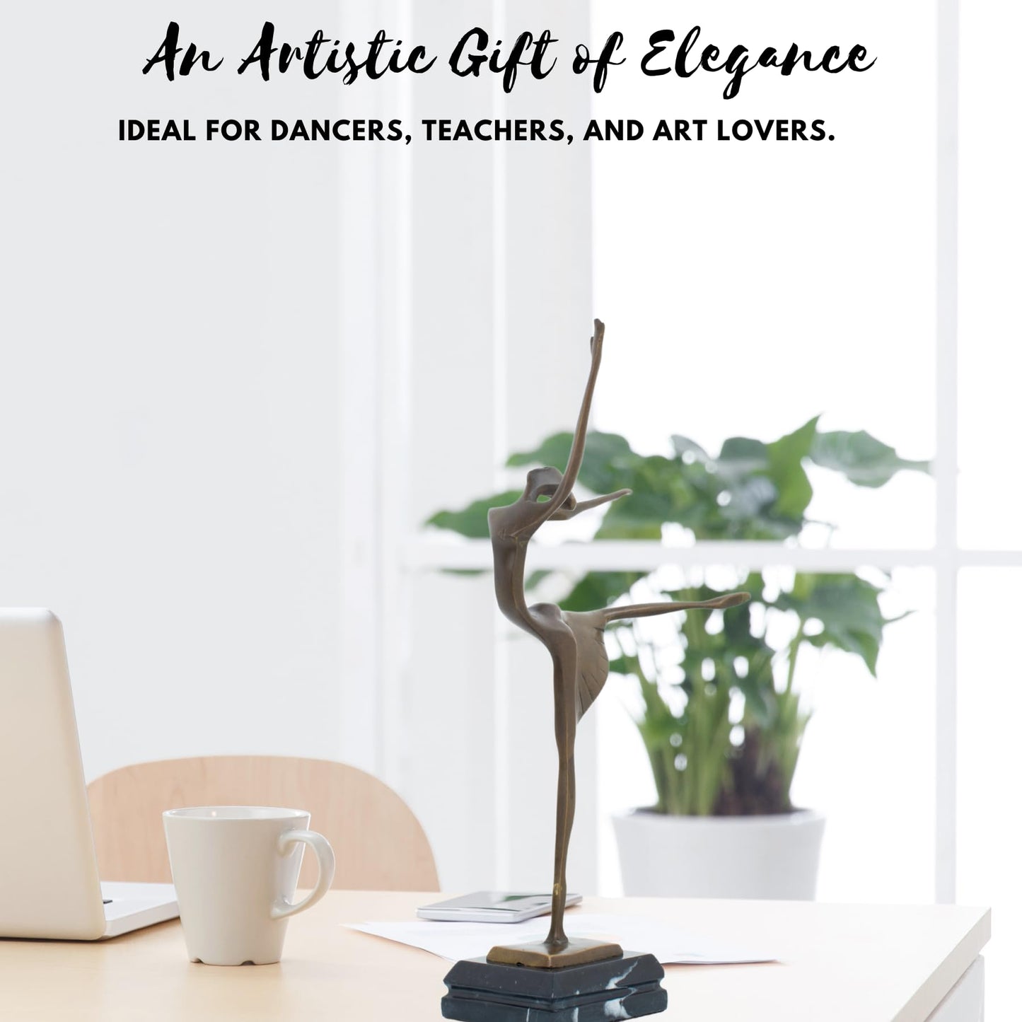 Abstract Bronze Ballerina Sculpture – 13.8” Tall Modern Dancer Statue with Marble Base – Handmade Lost-Wax Cast Bronze Figurine for Home Decor, Art Collection, Ballet Gift