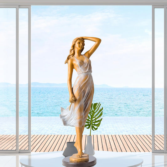 Elegant Bronze Woman Sculpture – 24.8" Tall Luo Li Rong Style Statue with Flowing Sheer Dress – Hot-Cast Solid Bronze Female Figurine – Graceful Home Art Decor for Living Room, Gallery, or Gift