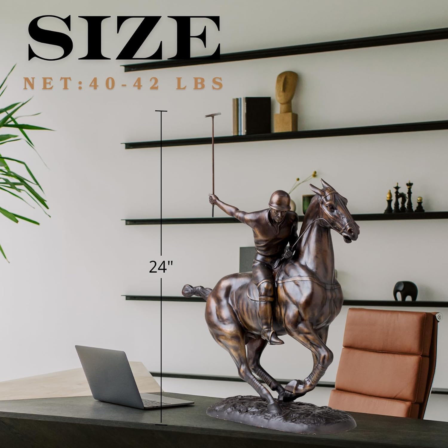 Polo Horse Riding Bronze Sculpture – Polo Player on Horse, Handmade Lost-Wax Solid Bronze Statue, Equestrian Sports Figurine for Office Desk, Home Décor, or Art Gallery Display