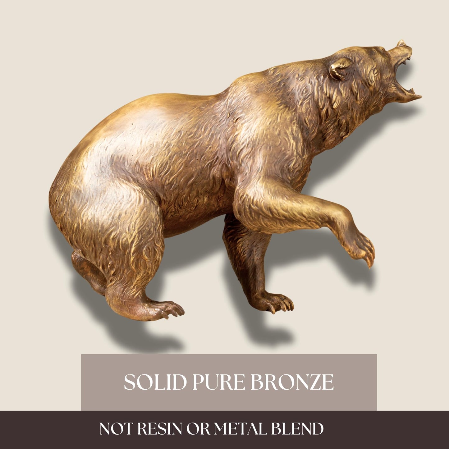 Bronze Roaring Grizzly Bear Statue – 13.4" Pure Bronze Wildlife Sculpture, Handmade with Lost-Wax Casting, Realistic Walking Bear Figurine for Home Decor, Office, Lodge, Cabin, and Collectors