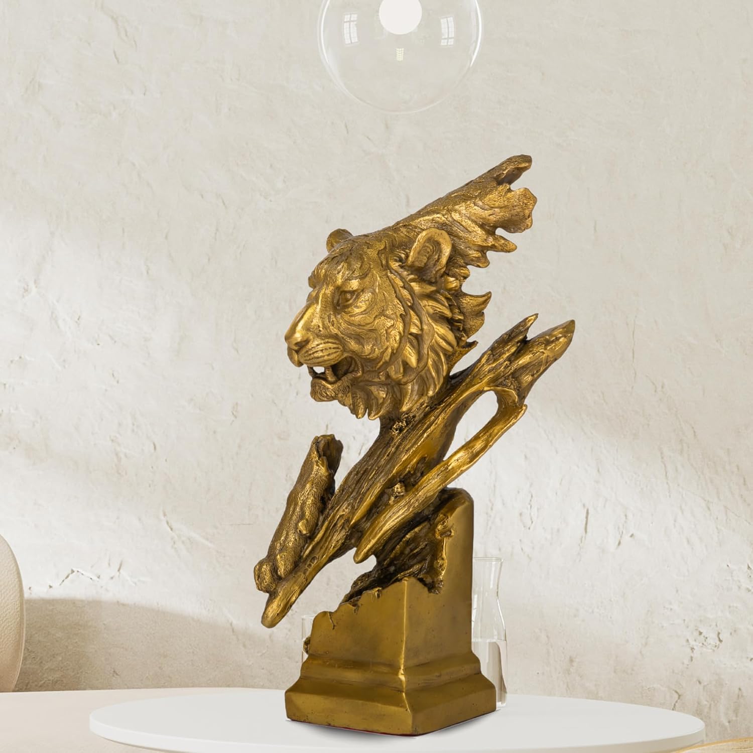 Golden Tiger Head Bronze Sculpture –15 in Handmade Wild Animal Jungle King Statue with Fierce Expression, Pure Brass Art Figurine for Office Desk, Home Décor & Collector Gifts