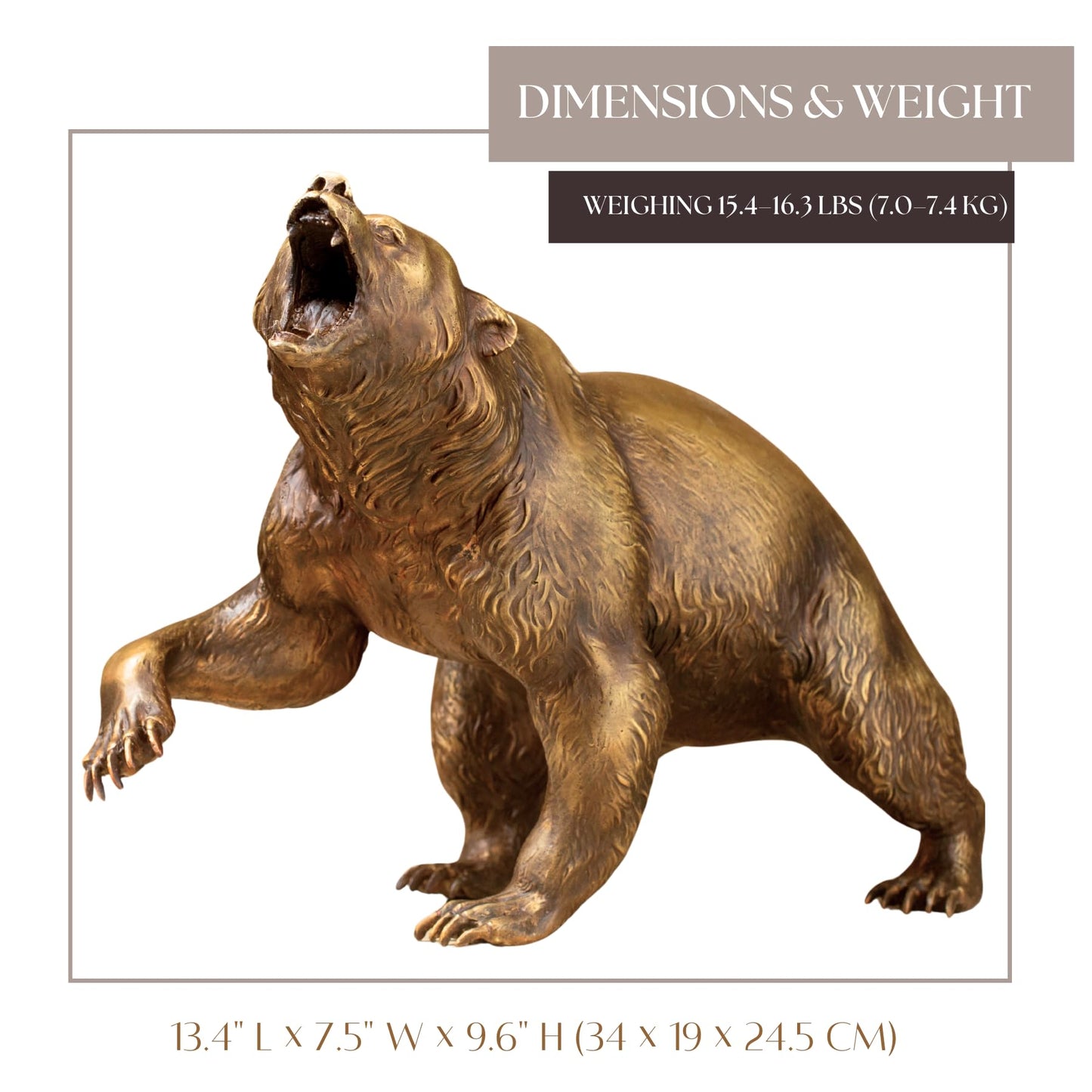 Bronze Roaring Grizzly Bear Statue – 13.4" Pure Bronze Wildlife Sculpture, Handmade with Lost-Wax Casting, Realistic Walking Bear Figurine for Home Decor, Office, Lodge, Cabin, and Collectors