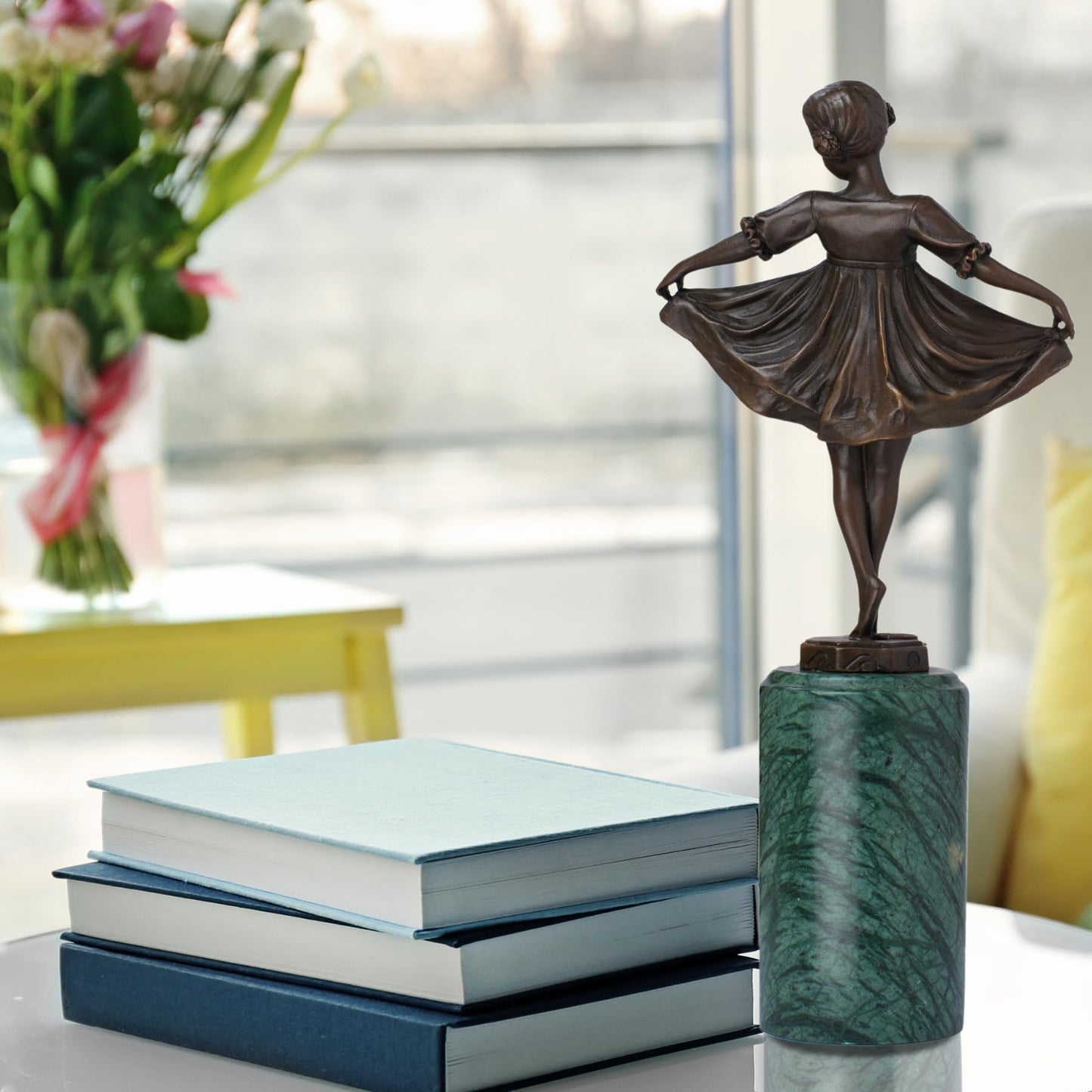 R REALONG 12.6 in Bronze Ballet Girl Statue with Green Marble Base – Vintage & Elegant Ballet Dancer Sculpture | Perfect for Home & Office Décor, Collectible Art, and Gift Choice