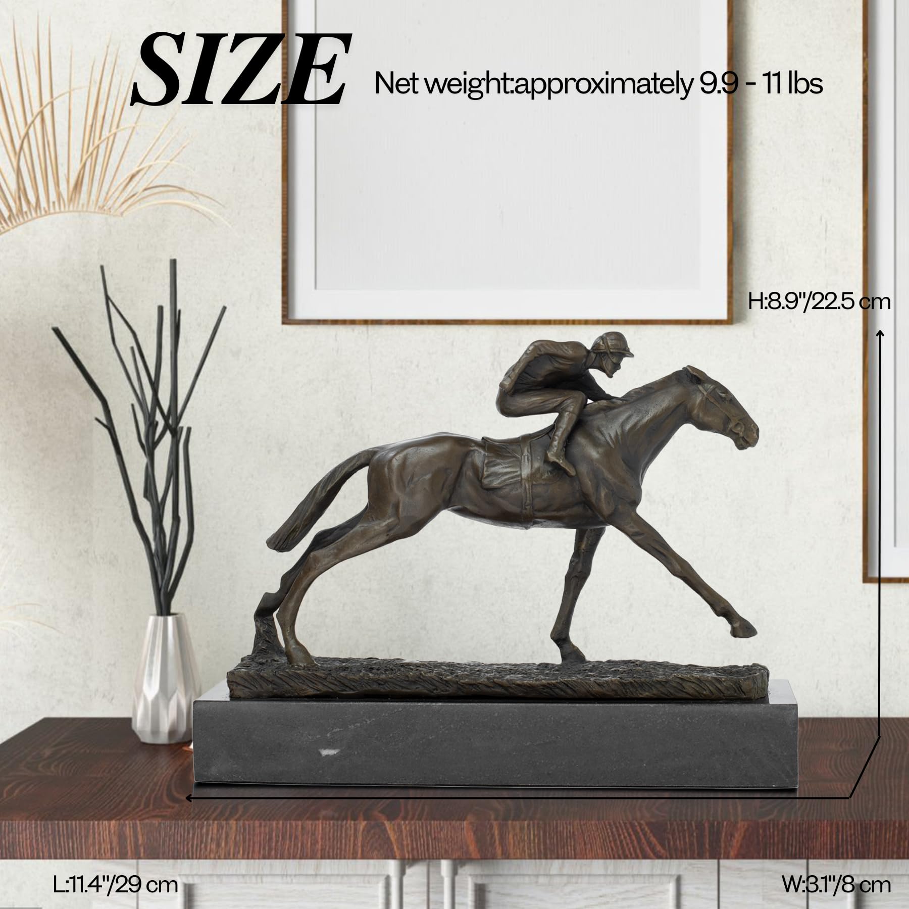 "The Classic Sprint" Bronze Horse Racing Statue - 11" Professional Jockey & Thoroughbred Sculpture - Antique Bronze Equestrian Art for Executive Office Decor, Luxury Home Library & Trophy Room