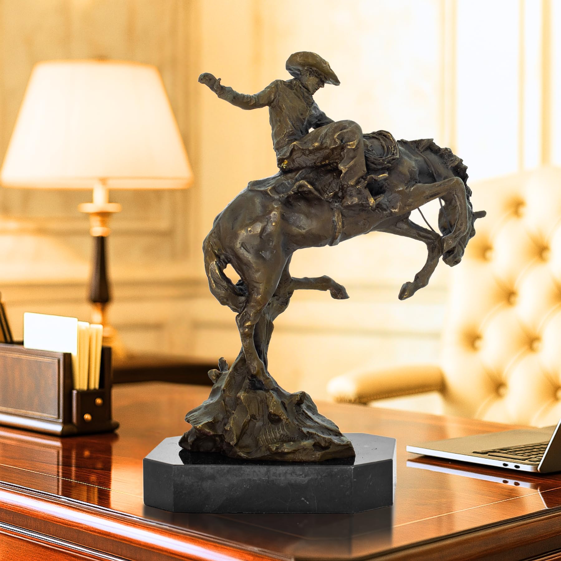 Frederic Remington "The Bronco Buster" Bronze Statue - 15" High Bucking Horse Cowboy Sculpture on Octagonal or Circular Marble Base - Professional Western Office Decor