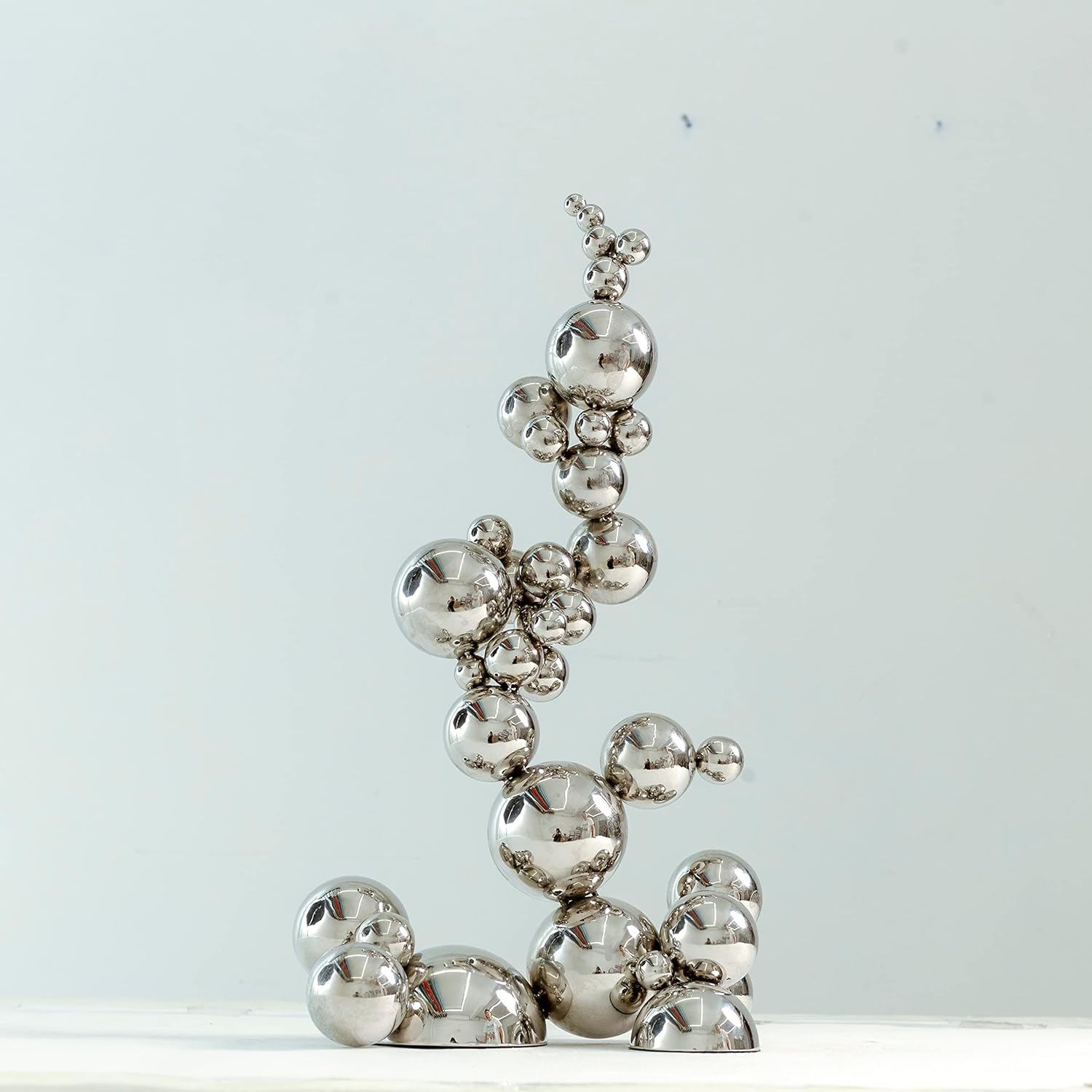 Abstract Geometric Stainless Steel Sculpture - Modern Art Decor with Natural Marble Base