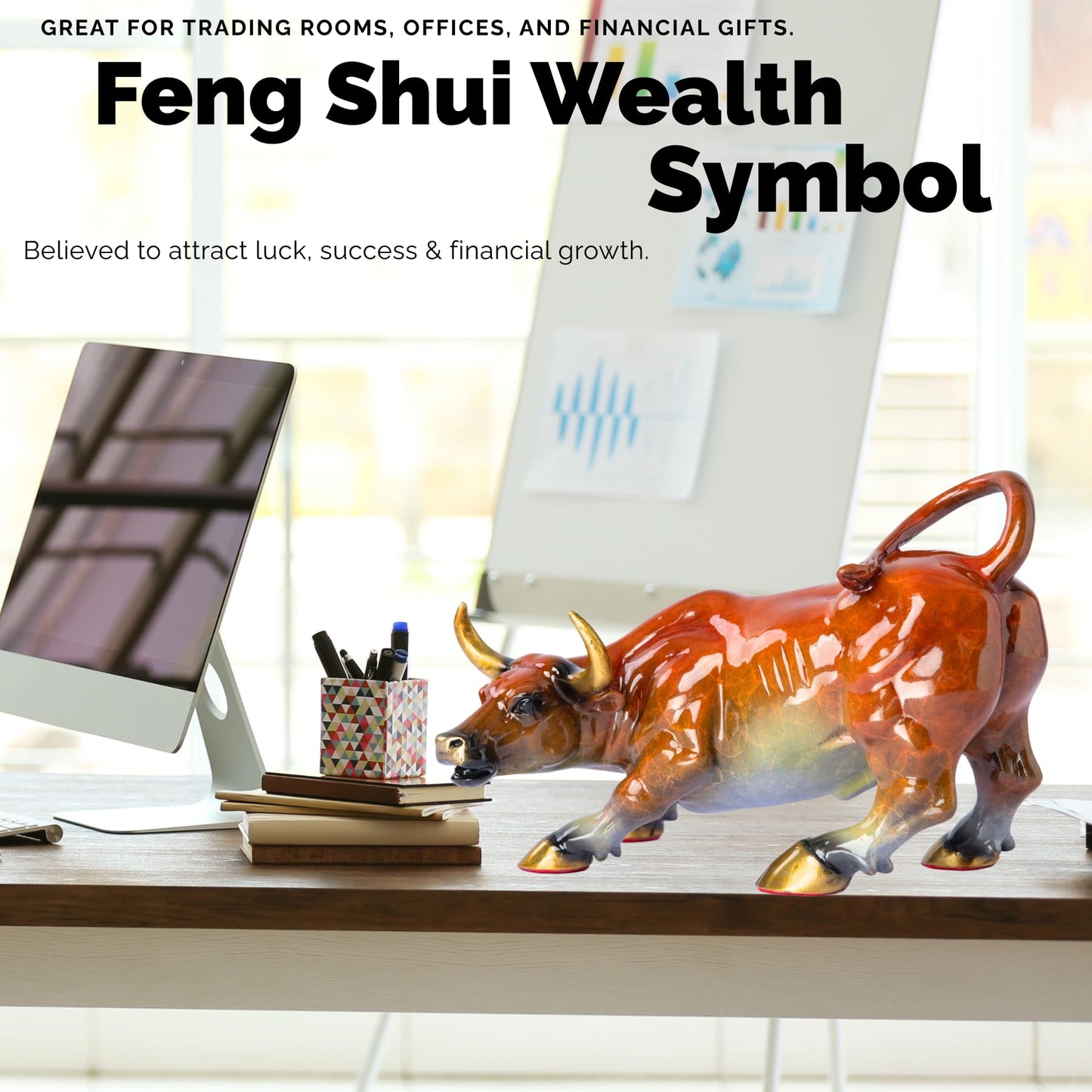 Wall Street Bull Bronze Statue – Hand-Painted Charging Bull Sculpture 8.3″ | Feng Shui Wealth & Stock Market Bull Figurine for Office Desk, Trading Room, Investor Gift & Home Decor