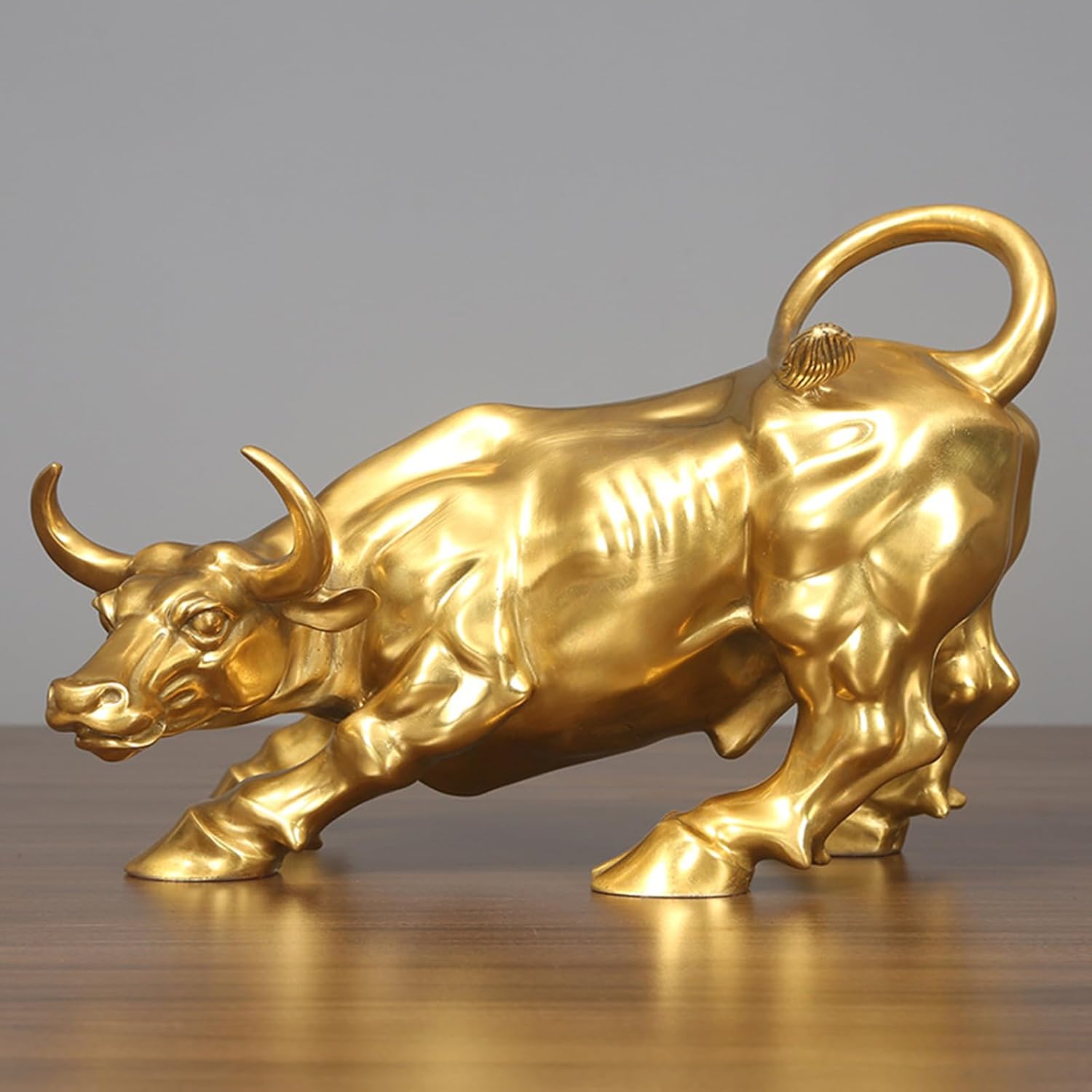 Brass Bull Figurine -Wall Street Bull Art Decor,Bronze Bull/Cow/Ox Figure Statues and Sculptures Home Office Decor (A-Gold)