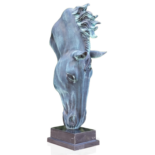 R REALONG 22" Bronze Horse Bust Statue, Bronze Horse Head Sculptures, and Horse Bust Art with Natural Marble Base, Large Modern Club Hotel, Home and Office Decor