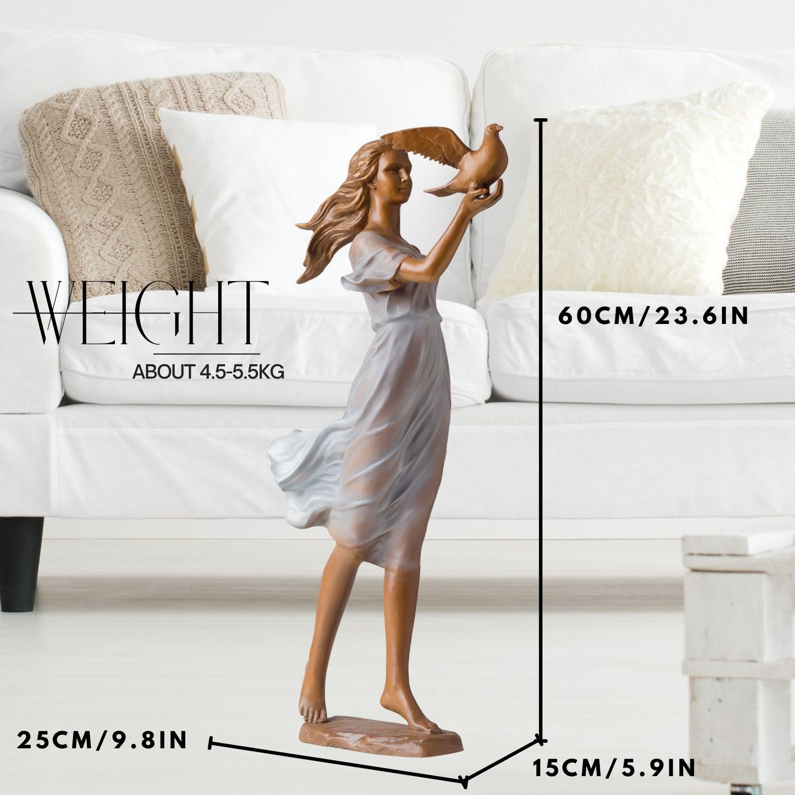 Bronze Lady Holding Bird Statue - 50 CM/60 CM Handcrafted Fine Art Sculpture of Elegant, Sensual Woman in Flowing Dress, Luo Li Rong Inspired Nude Figurine for Luxury Home, Garden, or Gallery