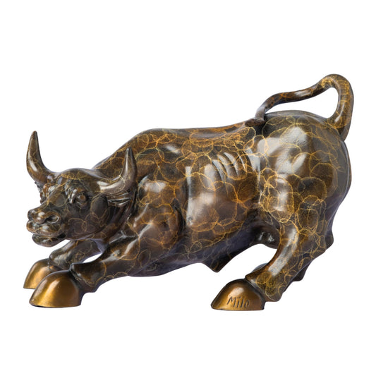 Wall Street Bull Bronze Statue – 11" Charging Bull Sculpture with Unique Crackle Pattern, Solid Brass Ox Figurine, Symbol of Wealth & Prosperity, Office Desk Decor & Business Gift