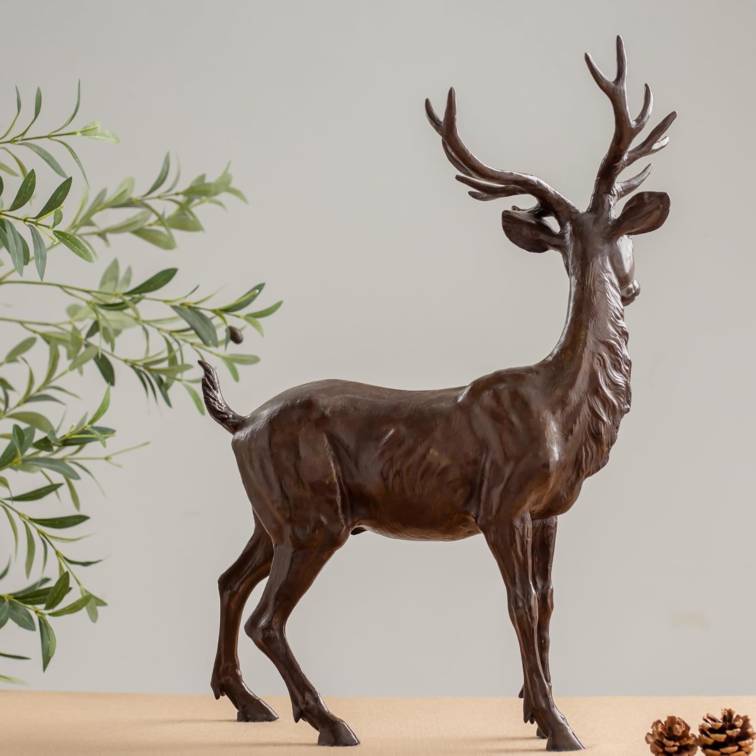 Bronze Deer Sculpture - Majestic Reindeer Stag with Antlers, Large Realistic Elk & Moose Figurine for Luxury Home Office Décor, High-End Art Collections, and Executive Gifts