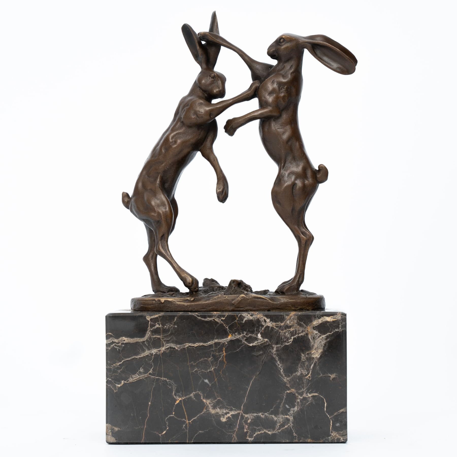 Dynamic Bronze Hare Sculpture Collection - Hand-Cast Fighting & Running Hares on Natural Marble Base, Wildlife Art for Home & Office