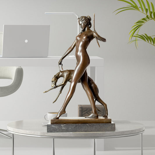 R REALONG Bronze Diana The Huntress Sculpture – 12.6'' Roman Goddess Statue with Hound on Marble Base – Handmade Lost-Wax Cast Figurine for Mythology Art, Home Office Decor, Collector Gift