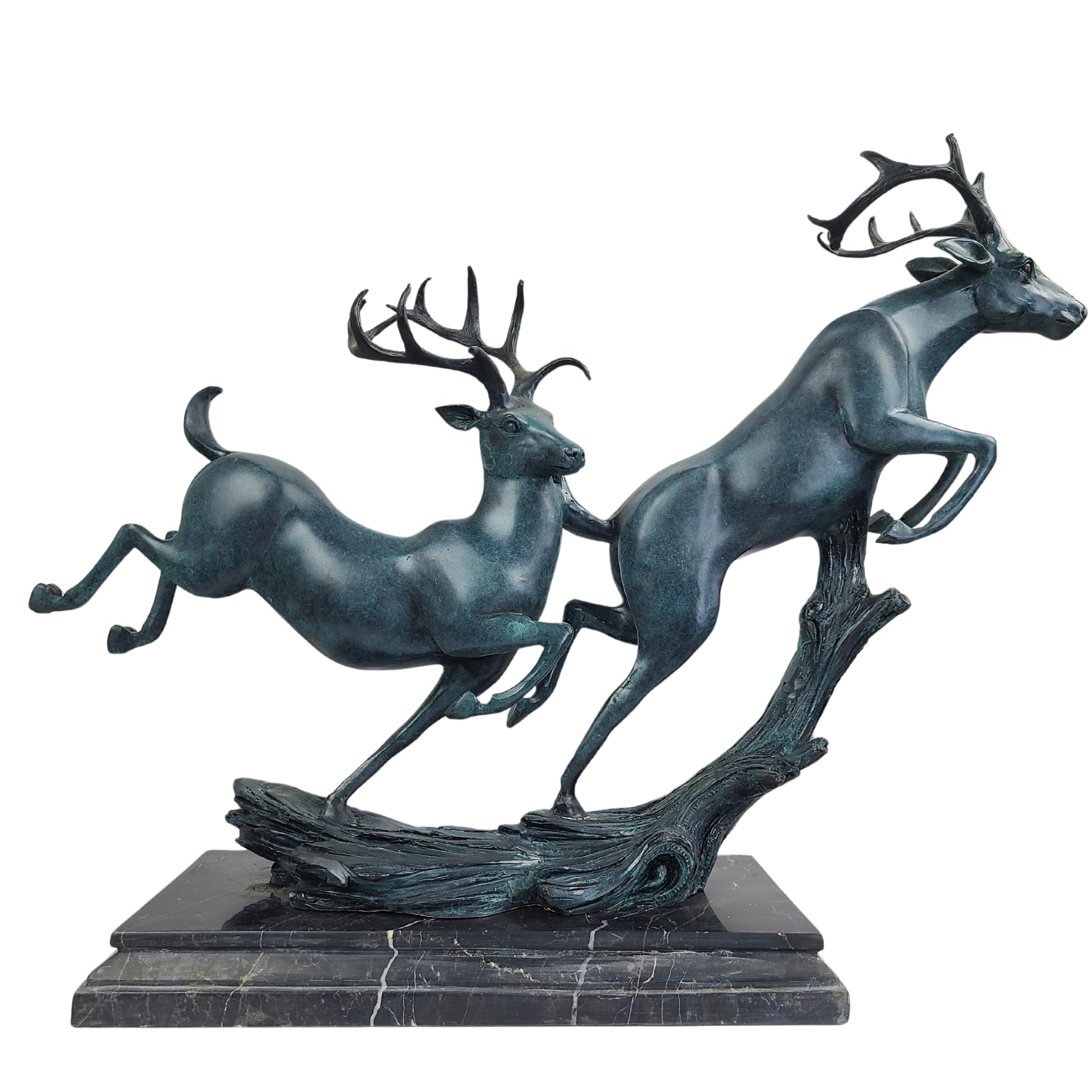 Bronze Deer Sculpture - Majestic Double Jumping Stags on Marble Base, Large Realistic Blue Bronze Elk Statue for Luxury Entryway Decor, Corporate Office, and Prestigious Gifts