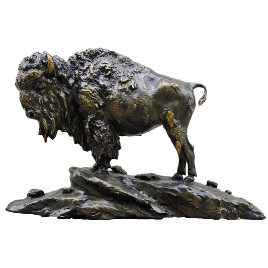 Large Bronze Bison on Rocky Base – 24.8'' American Buffalo Statue, Pure Hand-Cast Lost-Wax Bronze Wildlife Sculpture for Lodge, Gallery, or Western Decor