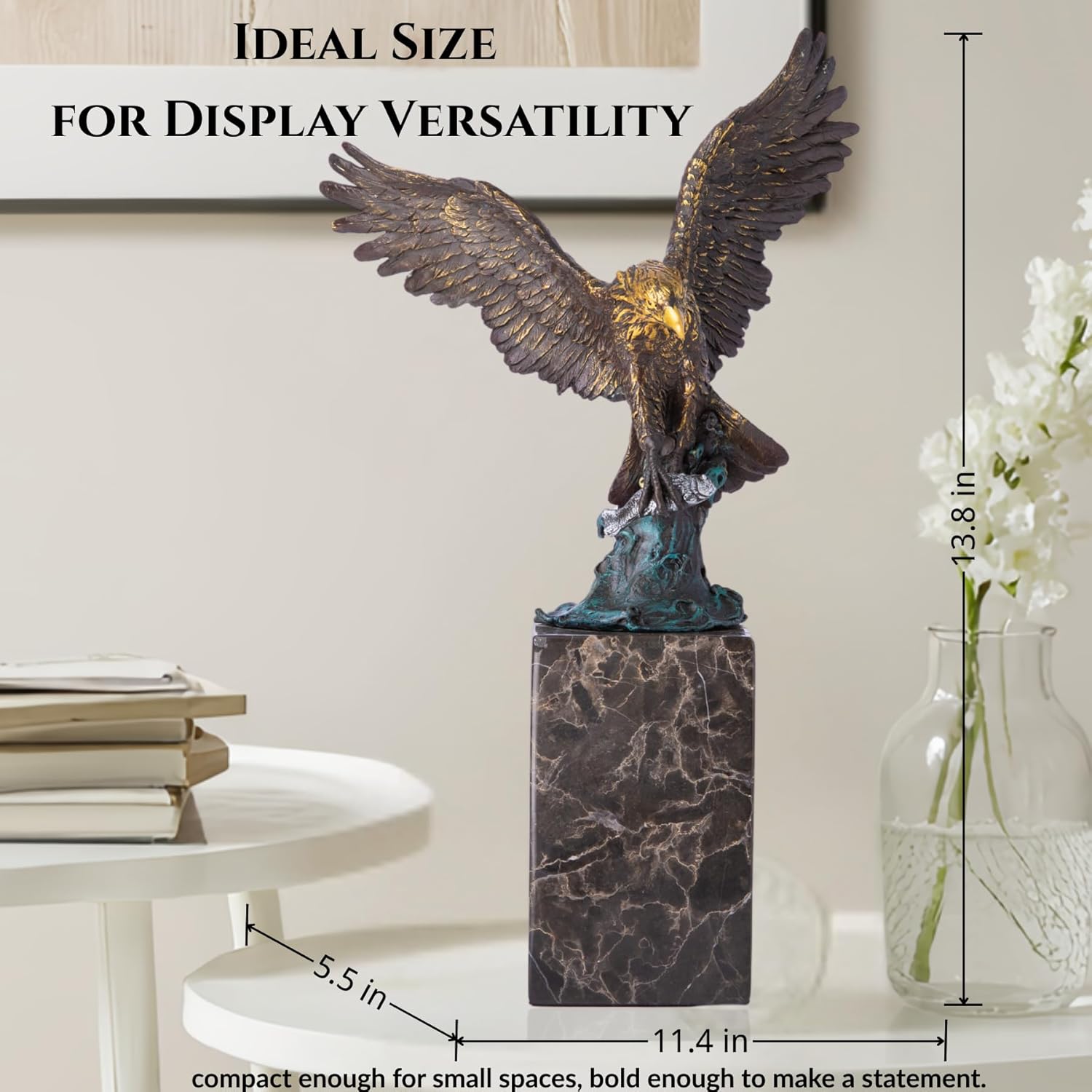 13.8 in-Bronze Swooping Eagle Catching Fish Sculpture – American Bald Eagle Statue with Marble Base, Wildlife Bronze Figurine for Home Decor, Office, Gallery, Gifts and Collectors