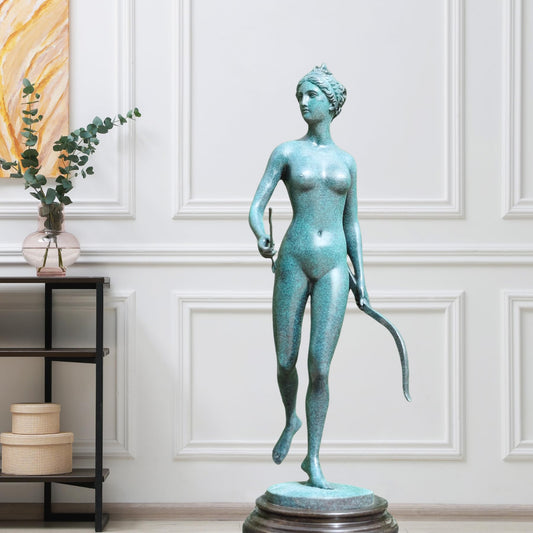 R REALONG Artemis Drawing Bow Bronze Statue – 28.7'' Blue-Green Verdigris Patina Greek Goddess of The Hunt Sculpture – Unique Female Archer Art for Gallery, Studio, Mythology Decor