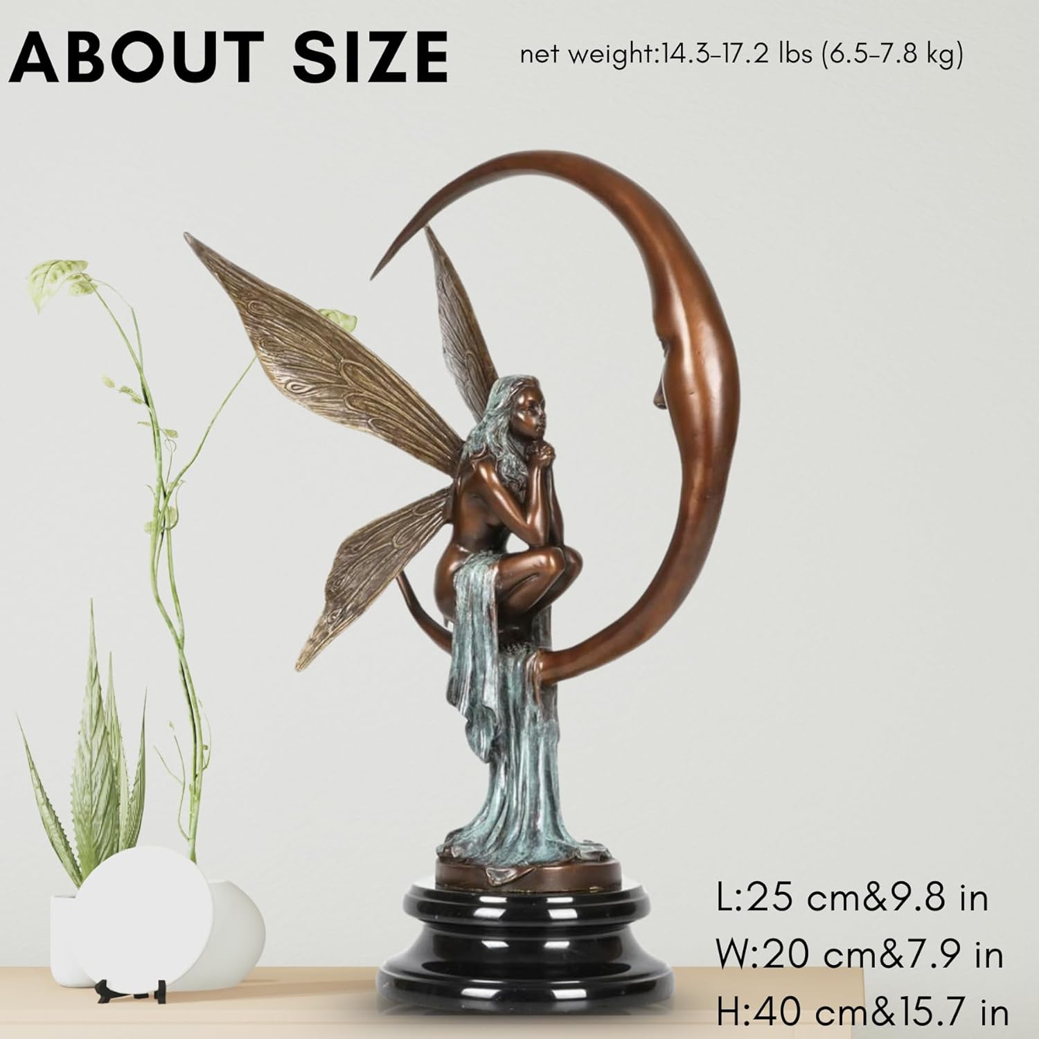 Bronze Fairy on Crescent Moon Sculpture – 15.7” Tall Solid Bronze Art Statue with Natural Marble Base, Handcrafted Lost-Wax Casting for Home, Office, Garden, or Gift Décor