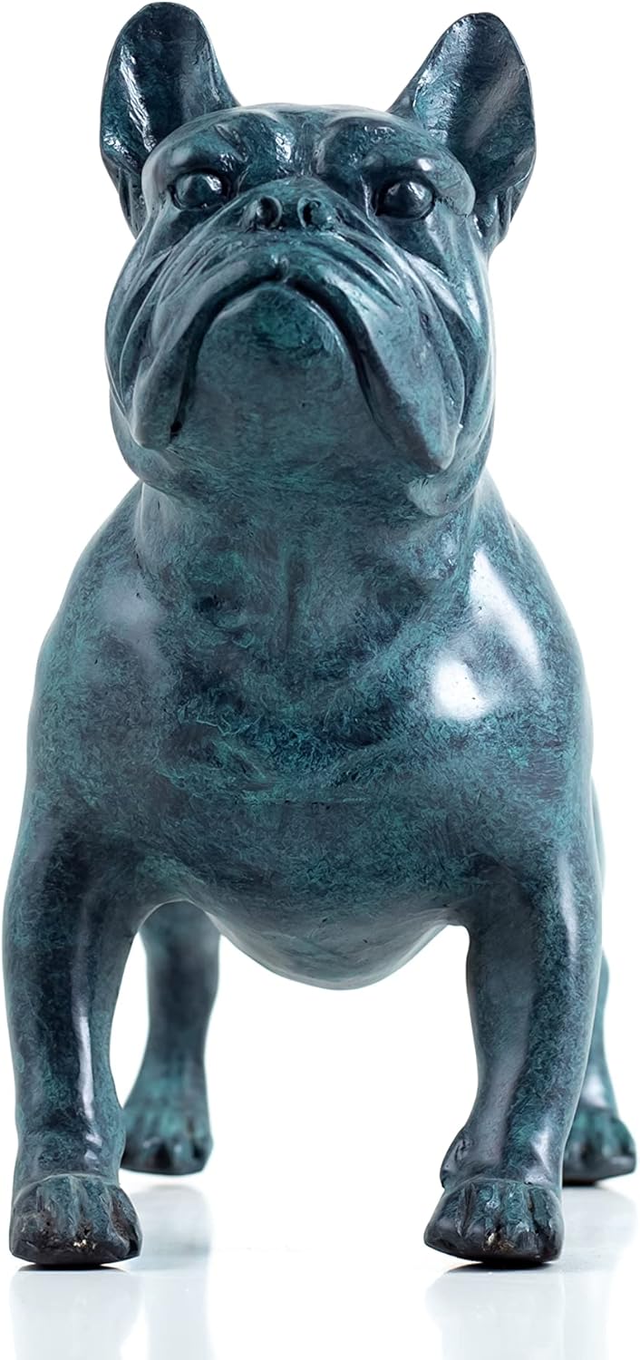 Premium Solid Bronze French Bulldog Statue - 9" Handcrafted Lost-Wax Casting - Alert Seated Frenchie Sculpture - Deep Turquoise Blue Patina - Heavyweight 8.4lbs Pure Bronze Art - Luxury Modern Home Office Decor