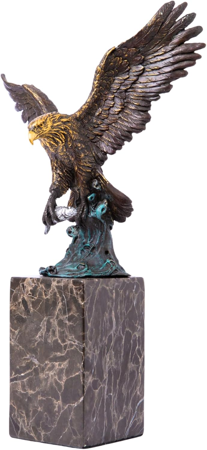 13.8 in-Bronze Swooping Eagle Catching Fish Sculpture – American Bald Eagle Statue with Marble Base, Wildlife Bronze Figurine for Home Decor, Office, Gallery, Gifts and Collectors