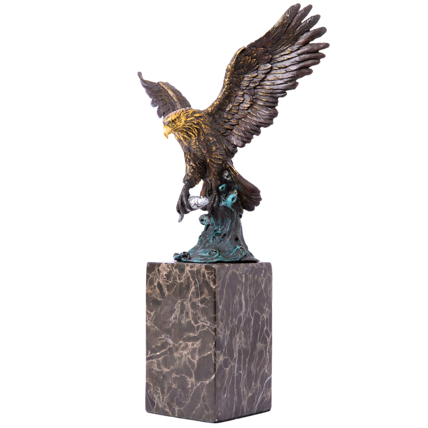 13.8 in-Bronze Swooping Eagle Catching Fish Sculpture – American Bald Eagle Statue with Marble Base, Wildlife Bronze Figurine for Home Decor, Office, Gallery, Gifts and Collectors