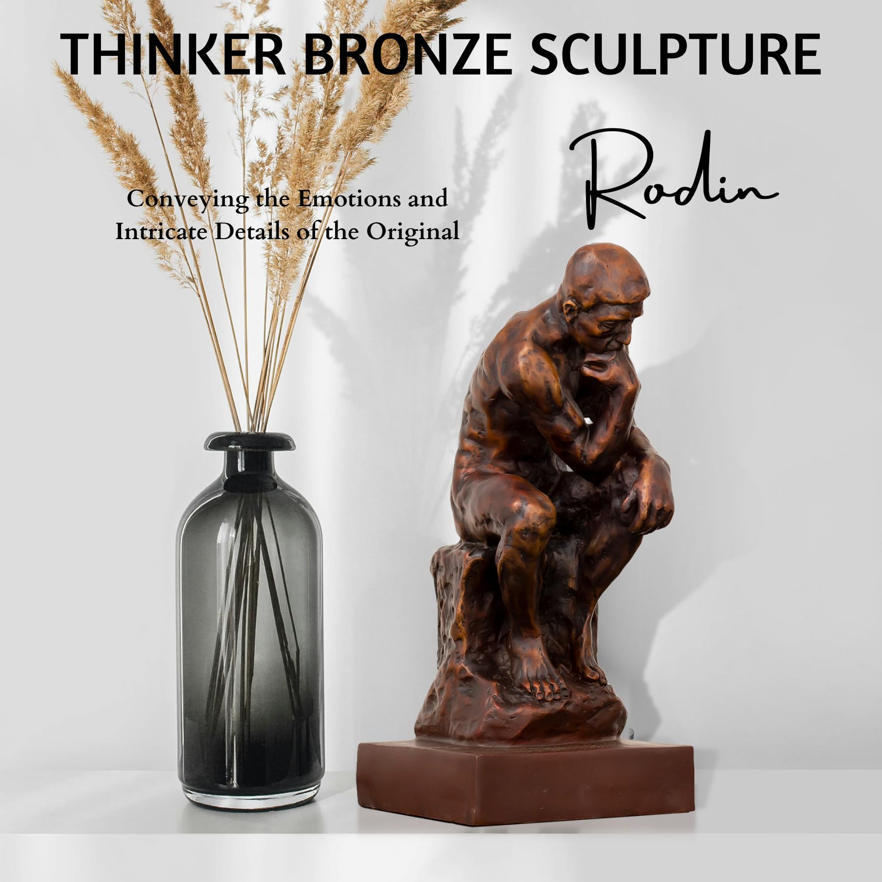 Solid Bronze Rodin The Thinker Statue - 9.5" Handcrafted Classical Bronze Thinker Sculpture - 5.4lbs Heavyweight Male Athlete Figurine - Luxury Home Office Desktop Art Decor & Philosophical Gift