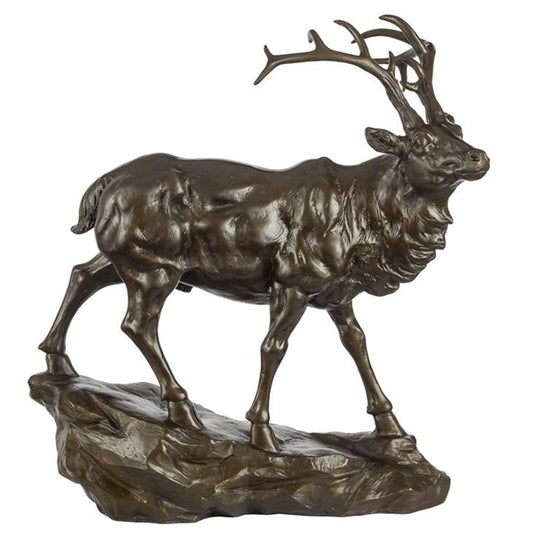 Bronze Deer Sculpture - Majestic Stag with Antlers, 13.8" Brasss Elk&Moose Realistic Design for Home Décor, Art Collections, and Luxury Gifts