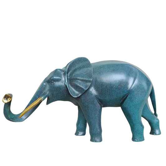 Blue Bronze Elephant Figurine, Pure Brass Wildlife Statues and Sculptures Collectible Decorations, Symbols of Wealth and Luck Gifts