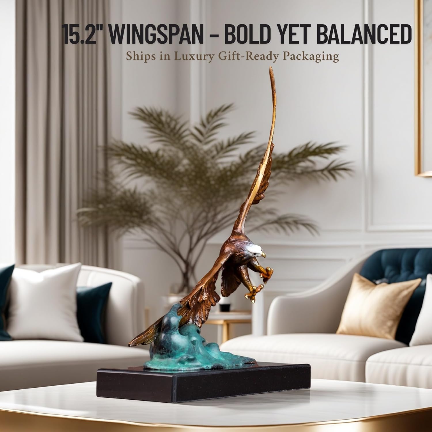 Bronze Eagle Sculpture on Marble Base – 15.2'' Handcrafted Bald Eagle Diving Over Waves – Lost-Wax Cast Bronze Art Statue for Office, Home Decor, Collection & Gift