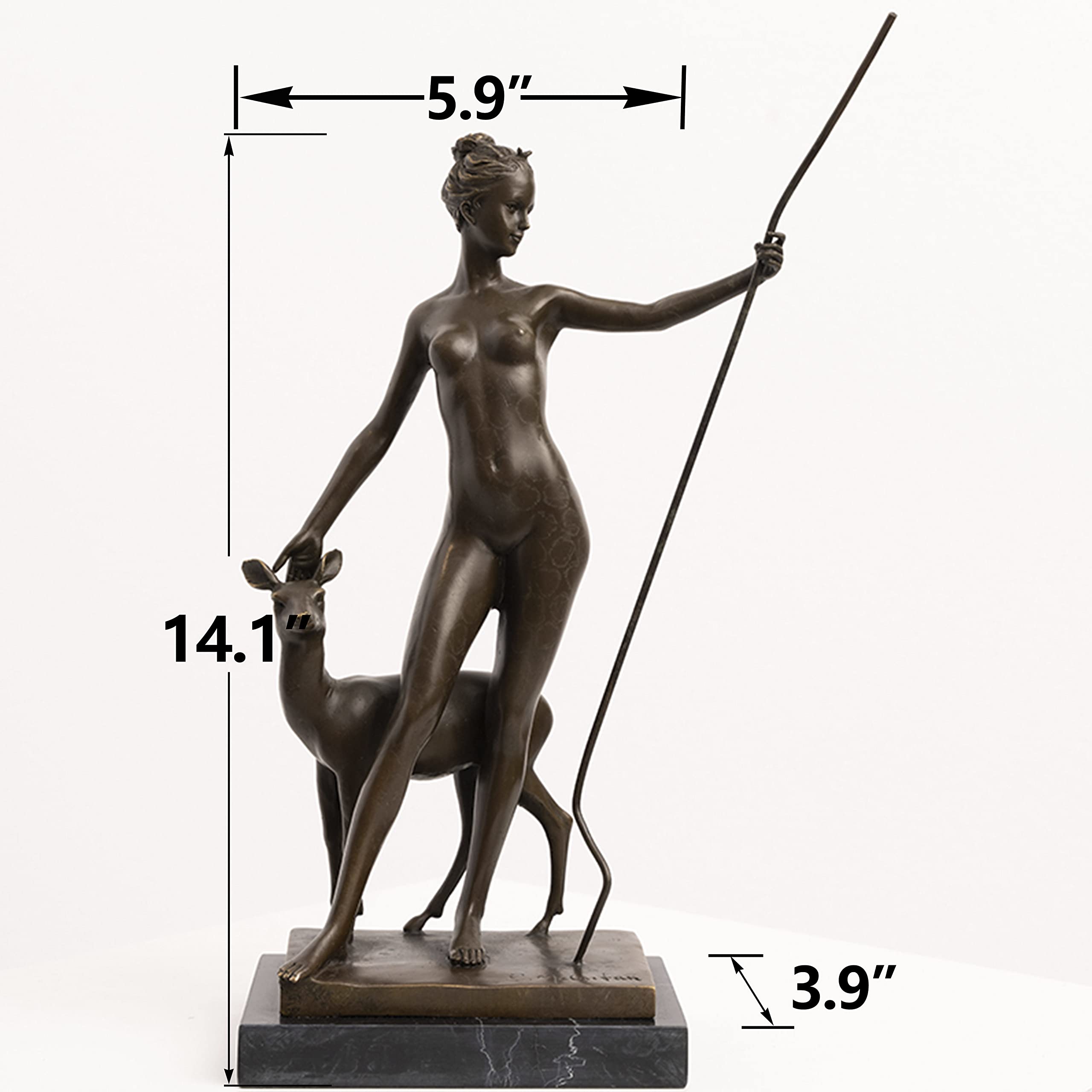 Bronze Artemis Statue - Graceful Huntress Goddess with Fawn, 14" Greek Mythology Sculpture on Marble Base, Elegant Bronze Art for Home Office & Luxury Gift