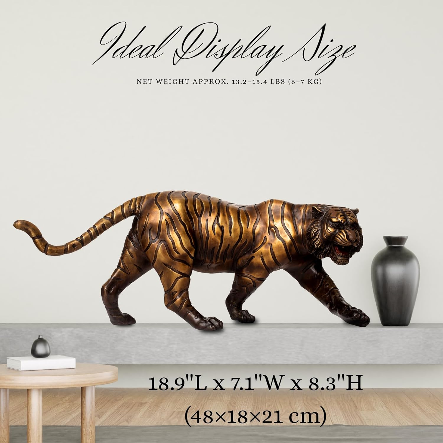 Bronze Tiger Statue – 18.9" Solid Brass Handmade Sculpture, Lost-Wax Cast Wild Jungle Animal Figurine, Brass Tiger for Home Decor, Office, Feng Shui, Business Gift, Art Collection