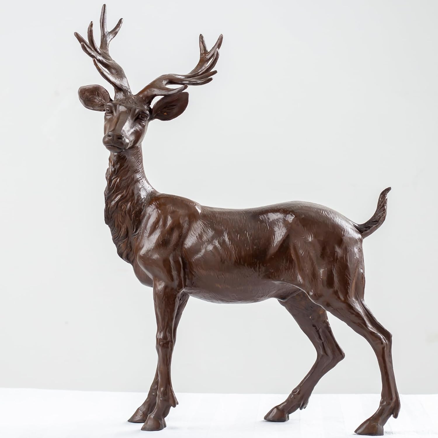 Bronze Deer Sculpture - Majestic Reindeer Stag with Antlers, Large Realistic Elk & Moose Figurine for Luxury Home Office Décor, High-End Art Collections, and Executive Gifts