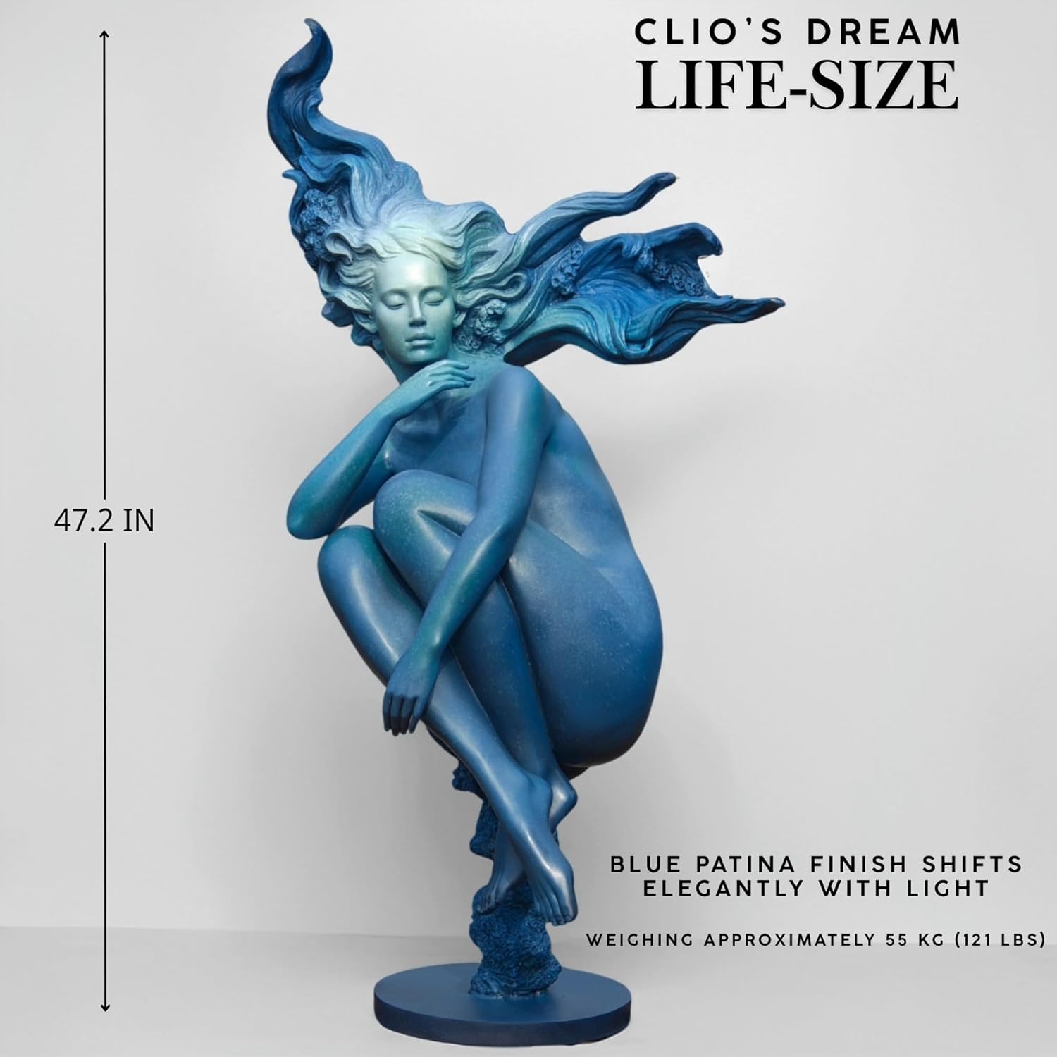 Coderch & Malavia | Clio’s Dream – H:47.2-inch Life-Size Bronze Sculpture Replica with Blue Patina, Modern Figurative Art for Home, Office, Gallery Display, and Collectors’ Gift