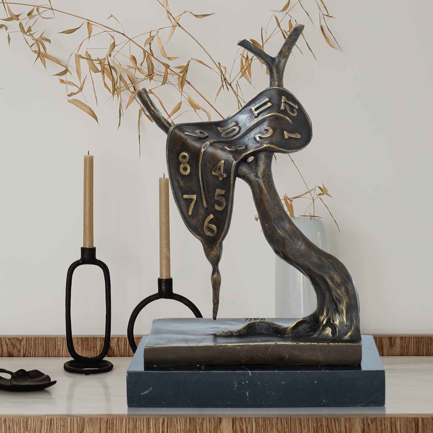 Bronze "Melting Clock" Sculpture on Natural Marble Base – Inspired by Salvador Dalí's Masterpiece "The Persistence of Memory" – Surrealist Art (7.9 x 5.1 x 11.8 inches) for Home Décor & Collectors