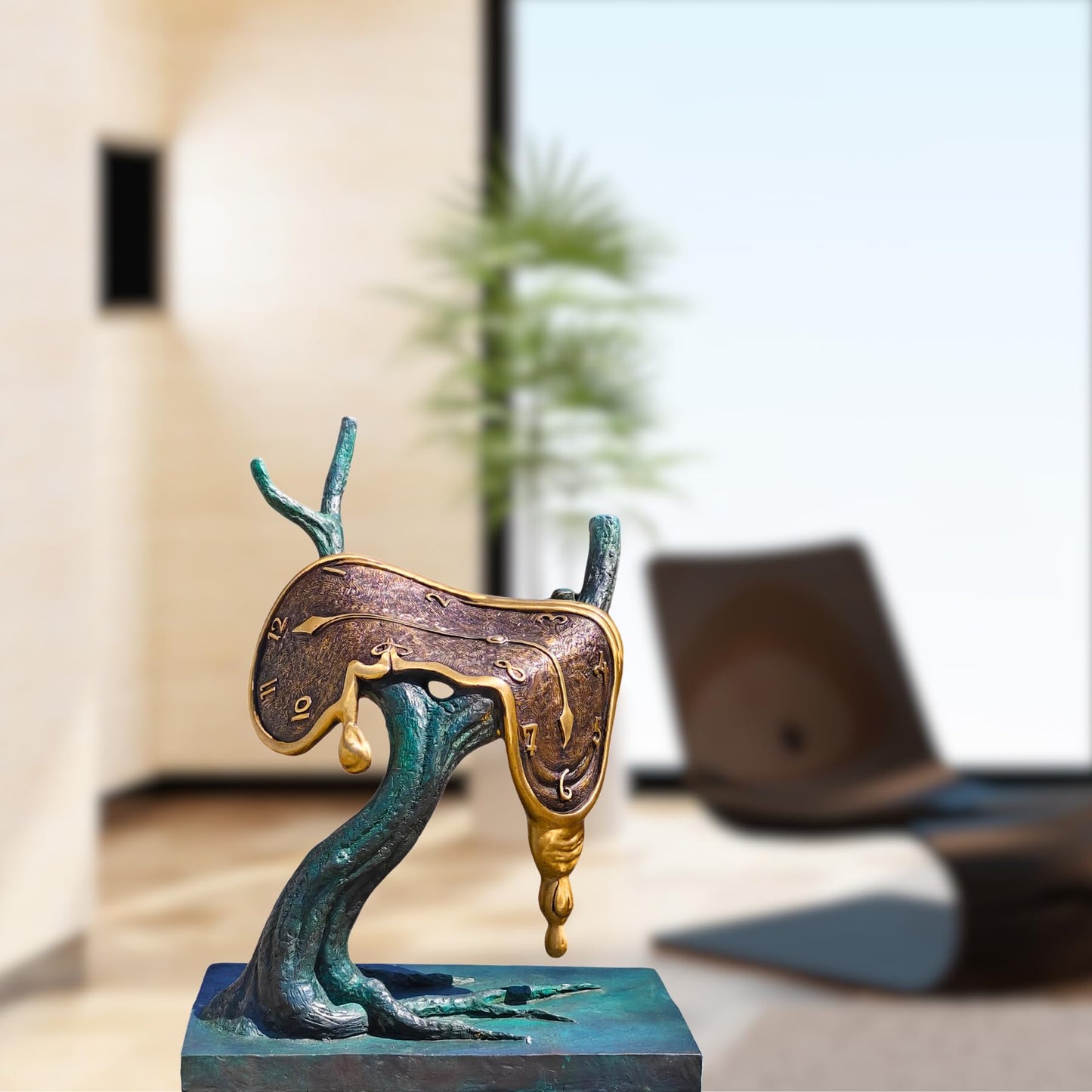 Salvador Dalí-Inspired Bronze Sculpture - Abstract Flowing Clock on Tree（The Persistence of Memory Bronze Statue and Sculpture Artistic Collection, Home Office Decor or Gifts, 19.7" x 15" x 24.8"