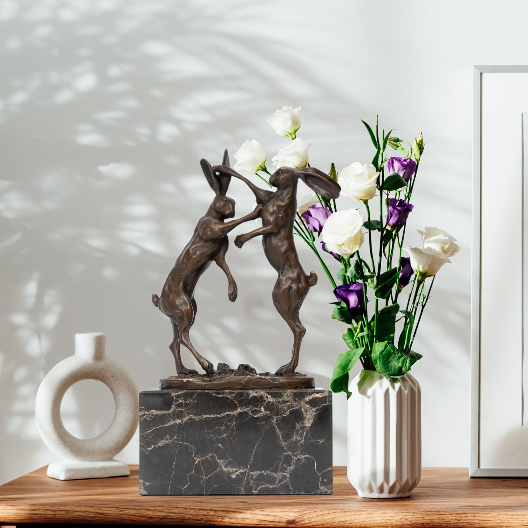 Dynamic Bronze Hare Sculpture Collection - Hand-Cast Fighting & Running Hares on Natural Marble Base, Wildlife Art for Home & Office