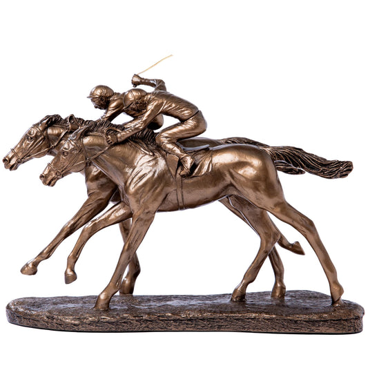 Two Jockeys Horse Racing Cold Cast Bronze Resin Figurine - Elegant Equestrian Statue, Handcrafted Home Decor-11.8 x 5.1 x 9.8 in, Perfect Gift for Horse Lovers, Sports Enthusiasts, and Collectors