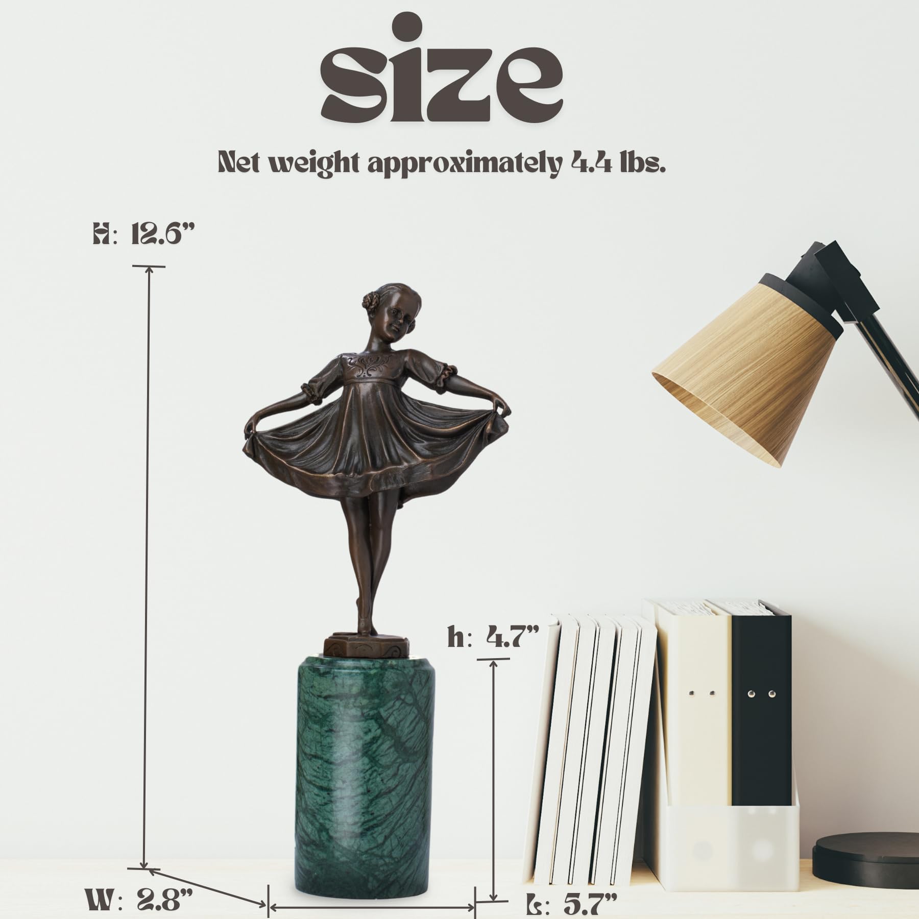 12.6 in Bronze Ballet Girl Statue with Green Marble Base – Vintage & Elegant Ballet Dancer Sculpture | Perfect for Home & Office Décor, Collectible Art, and Gift Choice