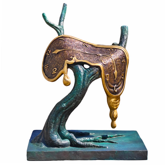 Salvador Dalí-Inspired Bronze Sculpture - Abstract Flowing Clock on Tree（The Persistence of Memory Bronze Statue and Sculpture Artistic Collection, Home Office Decor or Gifts, 19.7" x 15" x 24.8"