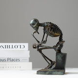 Solid Bronze Skeleton Thinker Statue - 8.3" Handcrafted Rodin Inspired Memento Mori Art Sculpture - Vintage Patina Bronze Abstract Skull Figurine for Luxury Home & Office Decor